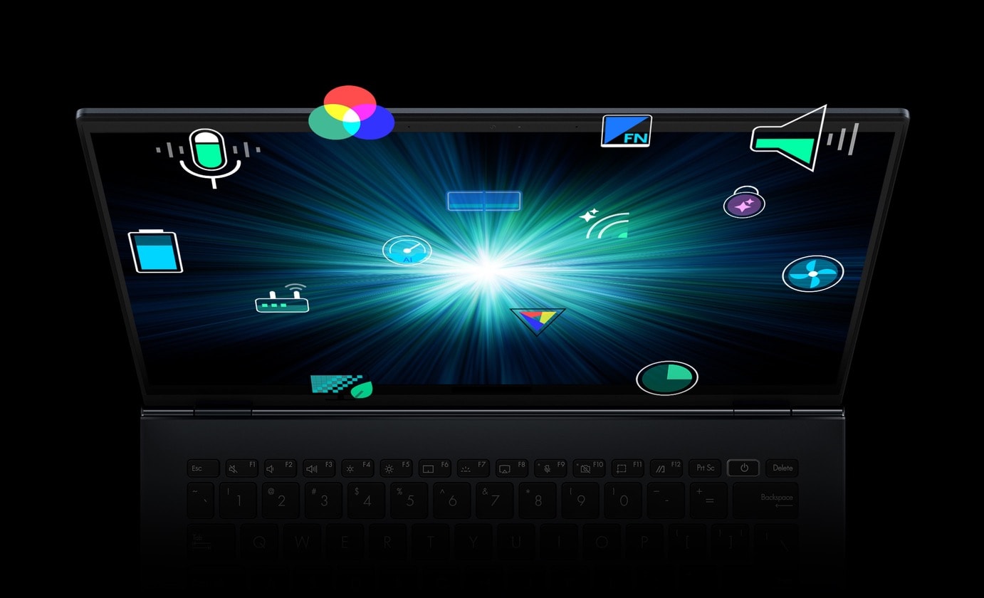 Un ordinateur portable vu de face avec un graphique en forme d'étoile sur l'écran entouré d'icônes d'applications.  