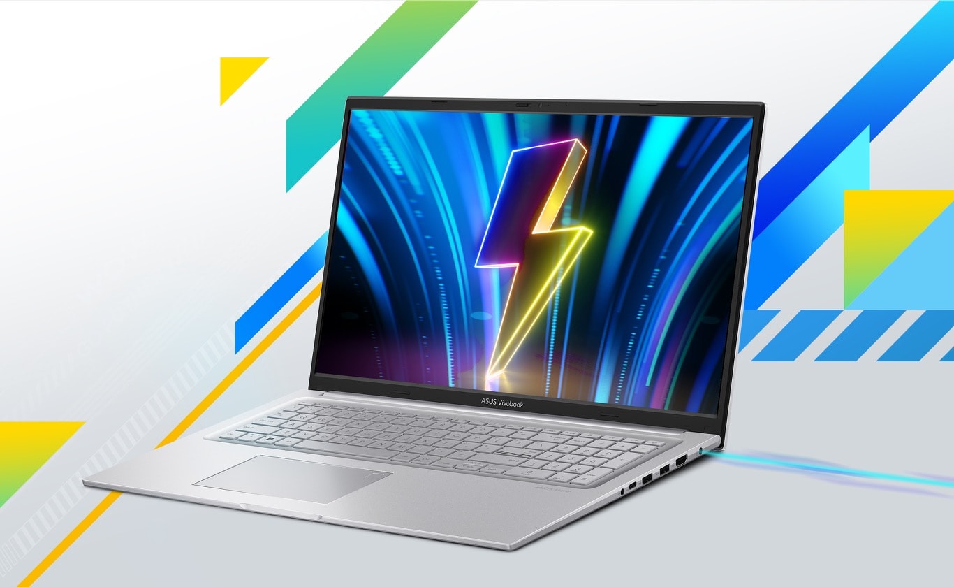 An opened Vivobook 17 with a thunder bolt on its screen. 