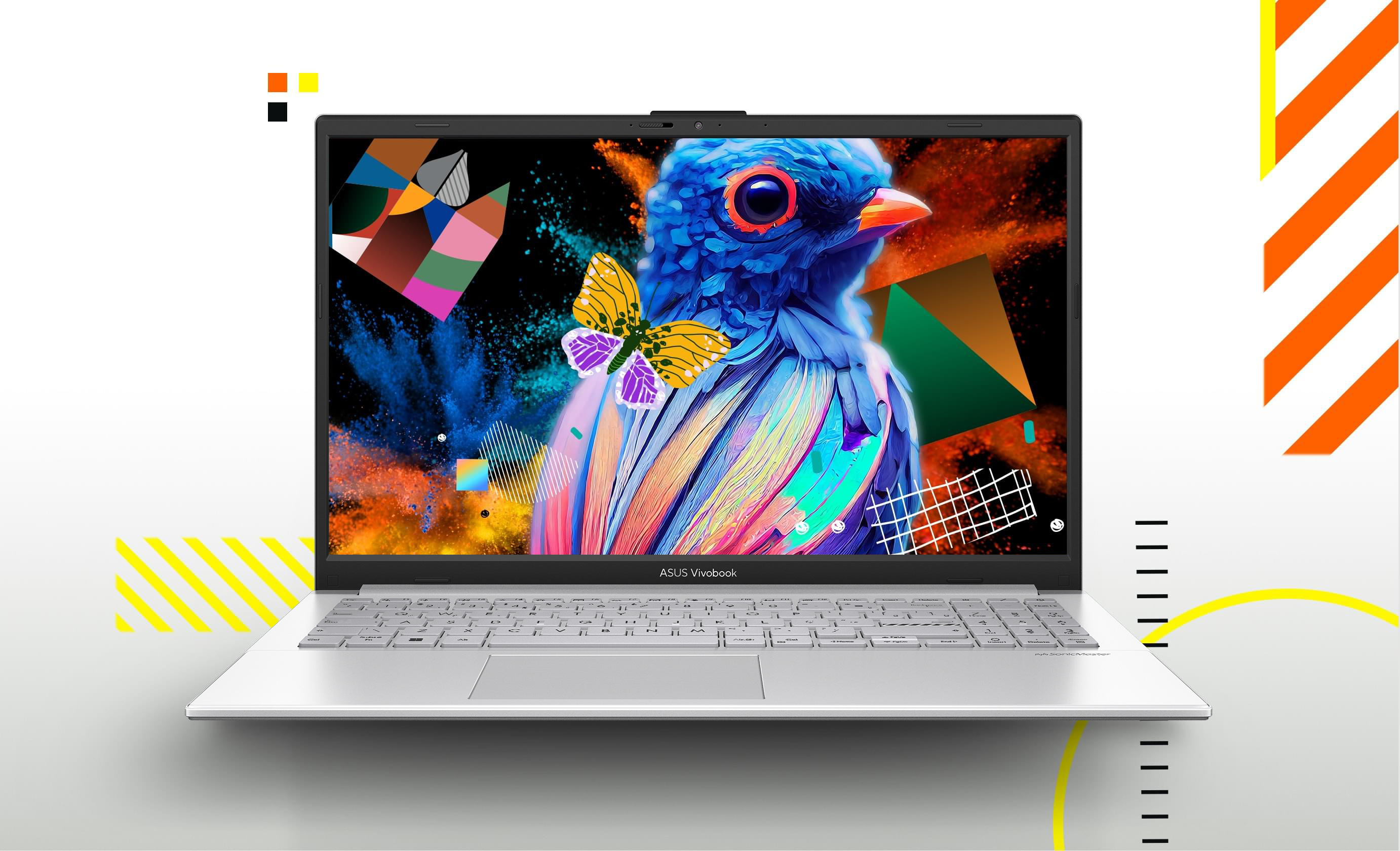 Vivobook Go 15 OLED opened at 90 degrees, displaying a colorful wallpaper on its screen. 