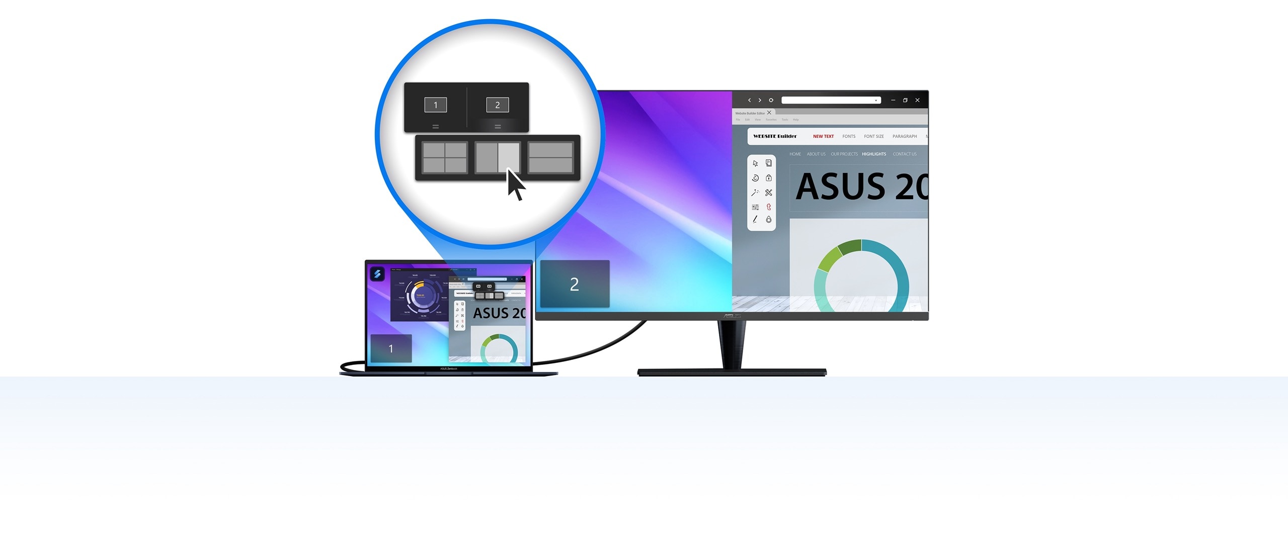 Een laptop verbonden met een monitor toont de in-screen App Switcher die app vensters-beheert op schermen die zijn aangesloten op een ASUS pc.