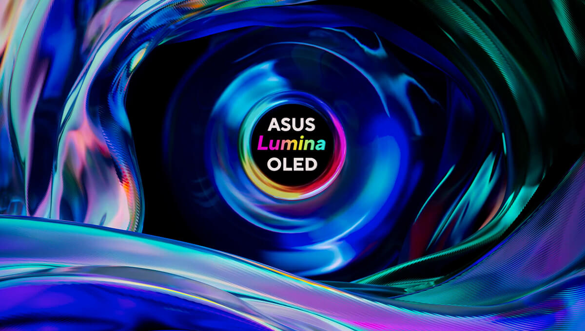 ASUS Lumina OLED is displayed at the center of the image in a glossy, colorful, flowing background.