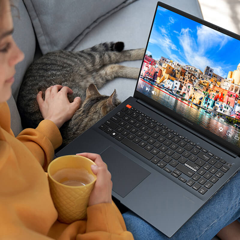 A woman holding a cup of coffee watches the video with full screen and vivid colors on the sofa and her cat is next to her.