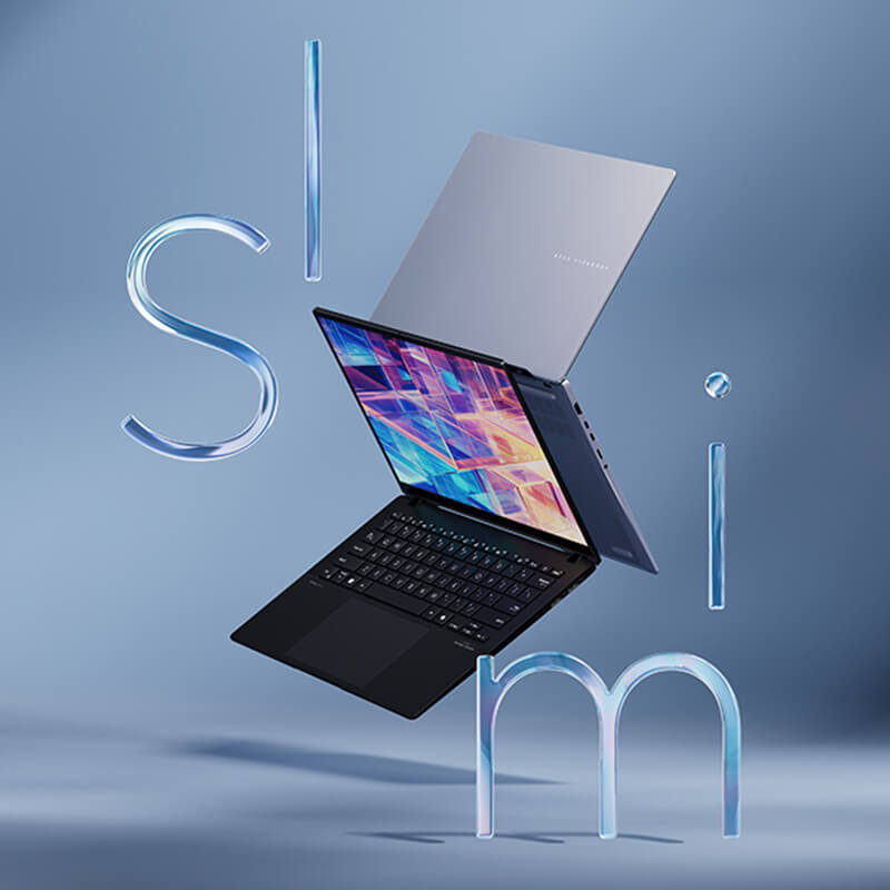 Два ноутбука Vivobook S 14 OLED парят в воздухе. Позади них видна полупрозрачная лента с надписью «Slim» («Тонкий»), а рядом с ними – значок сертификации Intel Evo.