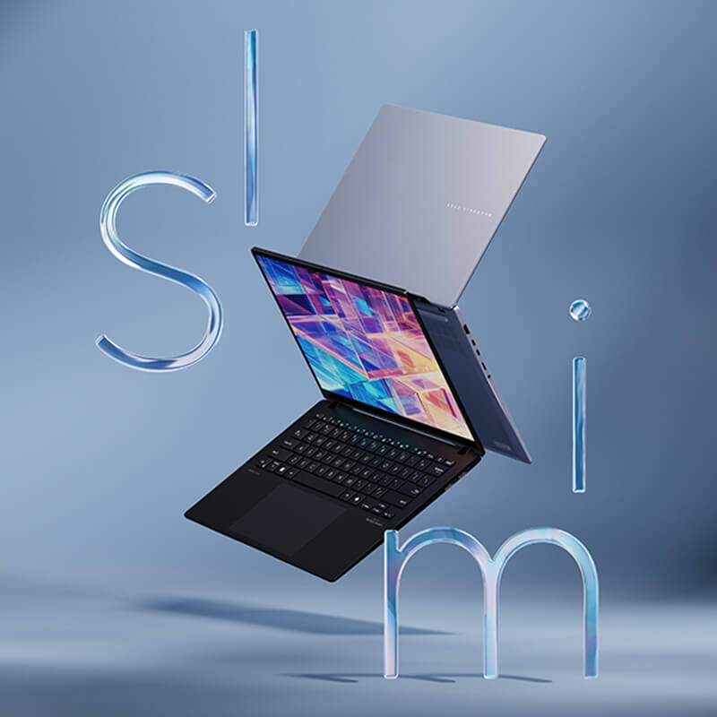 Два ноутбука Vivobook S 16 OLED парят в воздухе. Позади них видна полупрозрачная лента с надписью «Slim» («Тонкий»), а рядом с ними – значок сертификации Intel Evo.
