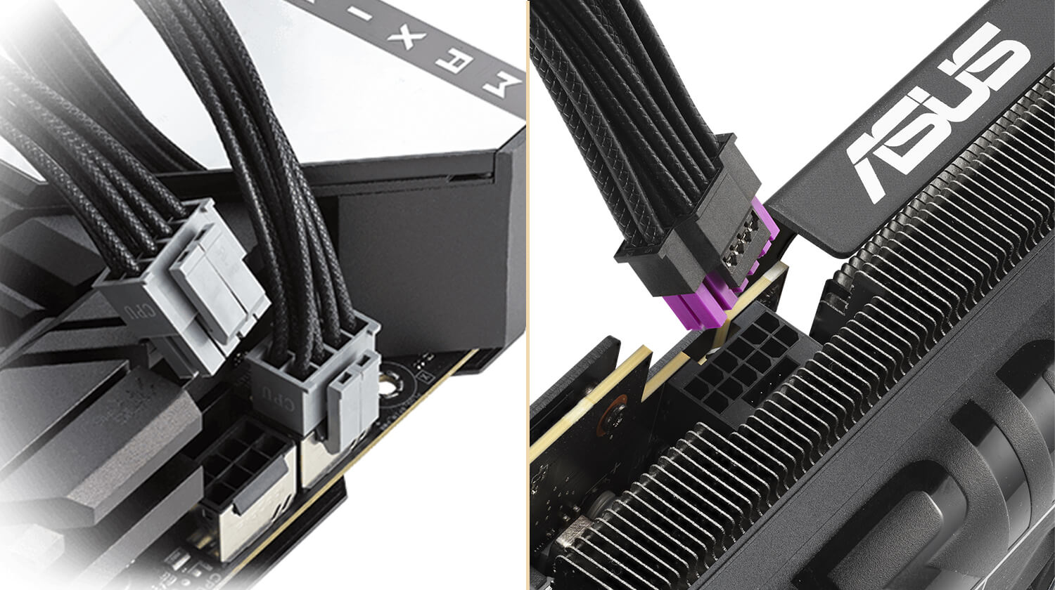 Closeup of CPU power cables connecting to a motherboard