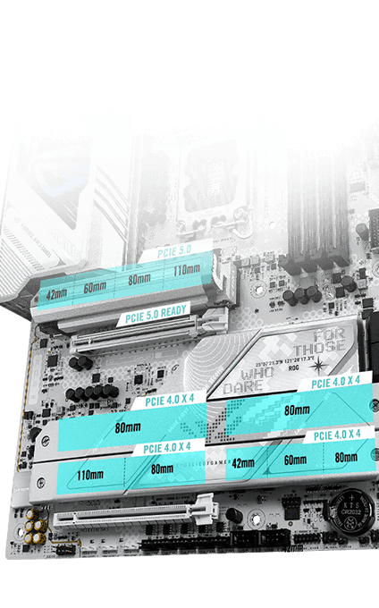 De Strix Z890-A PCIe 5.0 M.2 en uitbreidingsslot lay-out