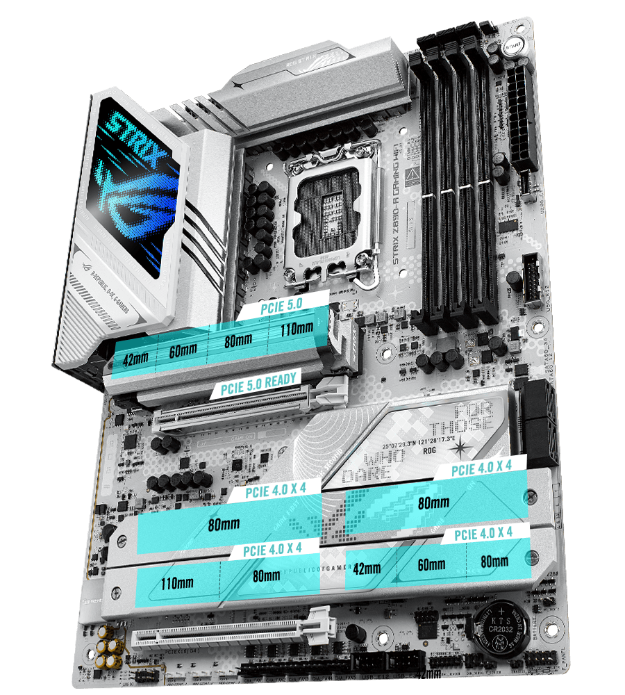 De Strix Z890-A PCIe 5.0 M.2 en uitbreidingsslot lay-out