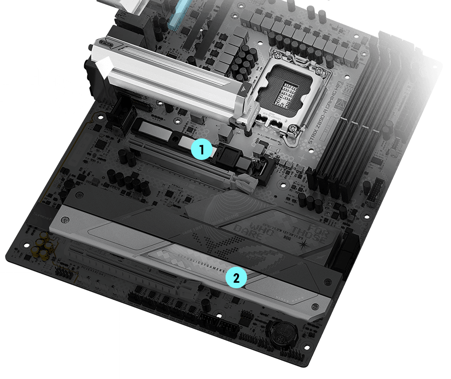 Strix Z890-A M.2-koellichamen en achterplaat lay-out