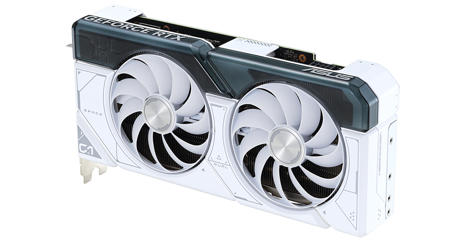 Angled top down view of the card ASUS Dual GeForce RTX 4070 White Edition graphics card