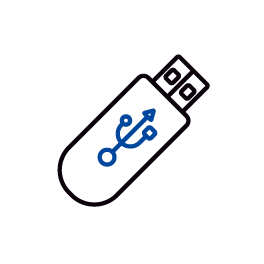 A USB flash drive with a blue USB symbol on it