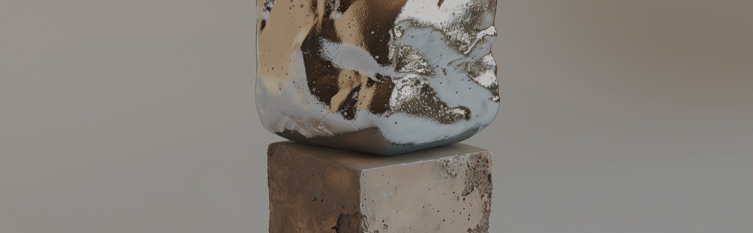 This image displays a poster or promotional picture for a modern art exhibition. At the center, there is a sculpture with a reflective and smooth texture, resting on a cubic pedestal. The background features a soft, light gray or beige color. 