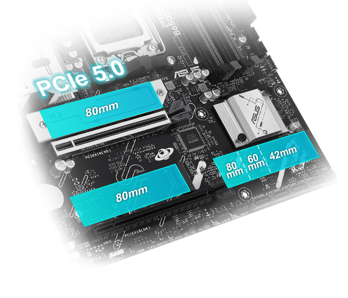 The PRIME B650EM-A WIFI-CSM motherboard supports PCIe 5.0 M.2 Support.