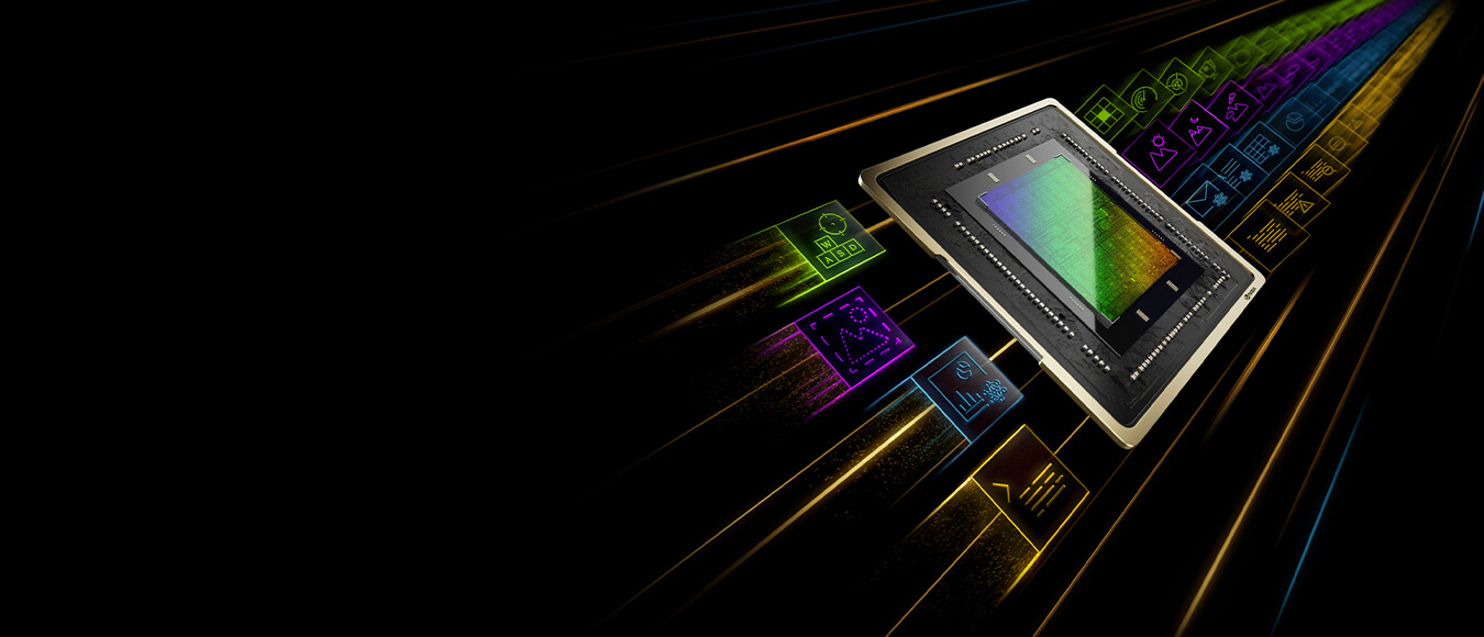 A GPU die, simulating parallel processing with a long line of stylized apps on one side, and completed tasks on the other side.