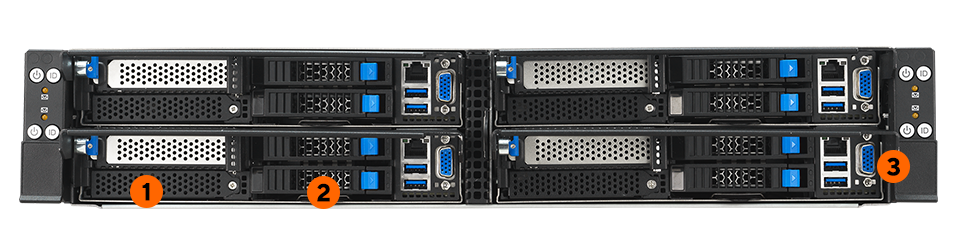 Front panel view of ASUS RS520QA-E13 server with labeled PCIe Gen5 slots, OCP 3.0, 2.5'' HDD bays, USB, LAN, and VGA ports.