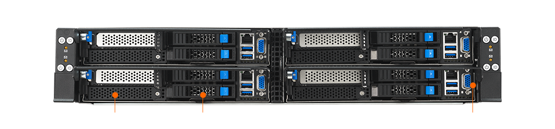 Front panel view of ASUS RS520QA-E13 server with labeled PCIe Gen5 slots, OCP 3.0, 2.5'' HDD bays, USB, LAN, and VGA ports.