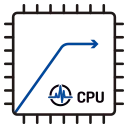 A microchip icon with a blue graph line that starts flat and then rises sharply at the end, along with a small blue gear symbol inside the chip, and 'CPU' text at the bottom.
