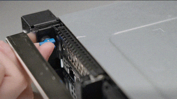 Close-up of server front view with ergonomic handle design for easier lifting and positioning of the unit.