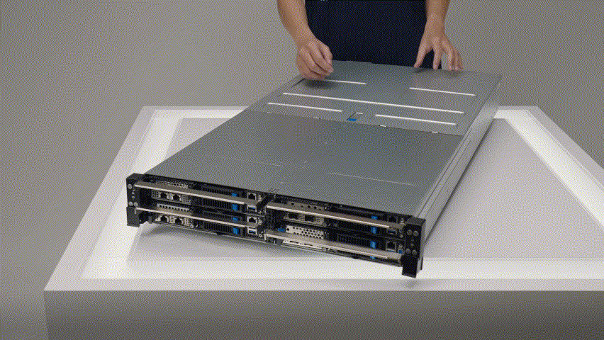 Person using quick-release mechanism to open the server’s top cover, showcasing tool-free access to internal components.
