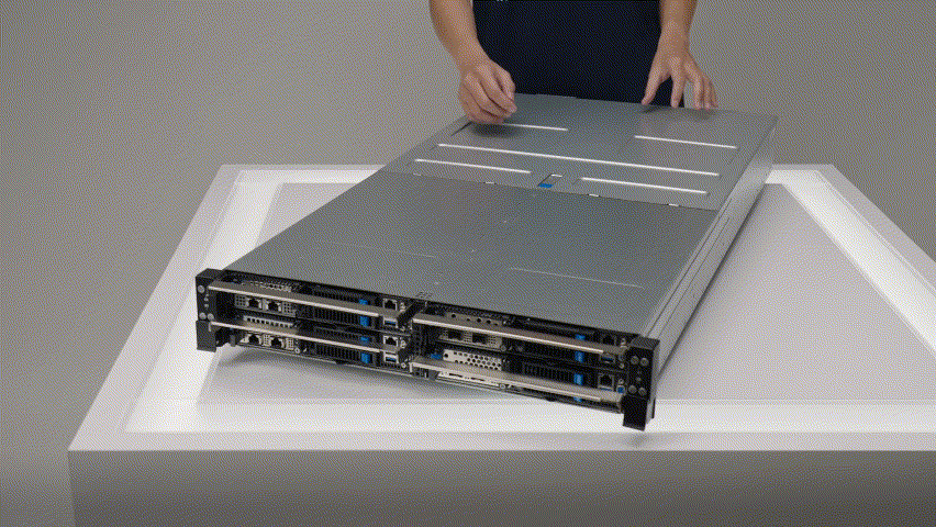 Person using quick-release mechanism to open the server’s top cover, showcasing tool-free access to internal components.