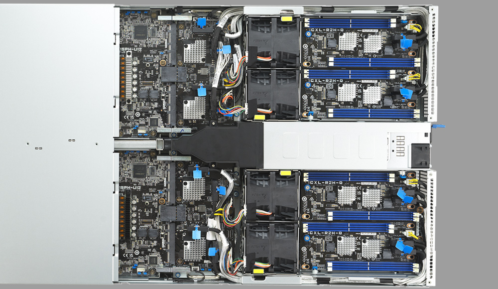 Top-down view of server interior illustrating independent airflow tunnel design for PSU, separating thermal zones from CPU nodes to enhance cooling and efficiency.