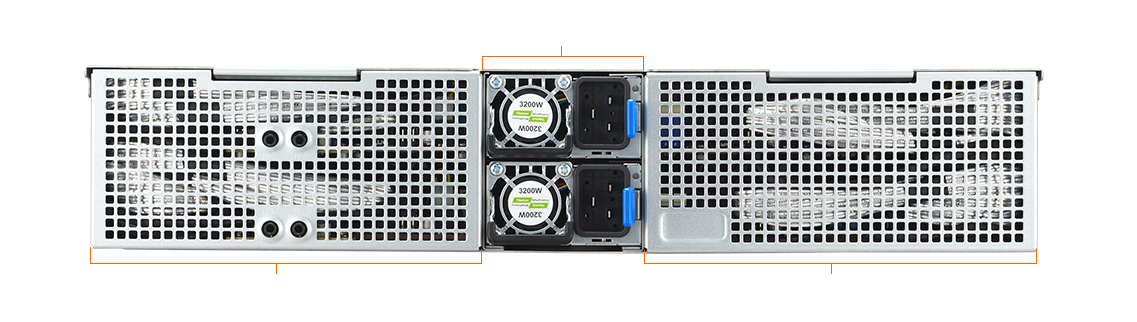 Rear panel view of ASUS RS520QA-E13 showing dual 3200W CRPS units, 80mm system fans, and optional dual CXL modules per node.