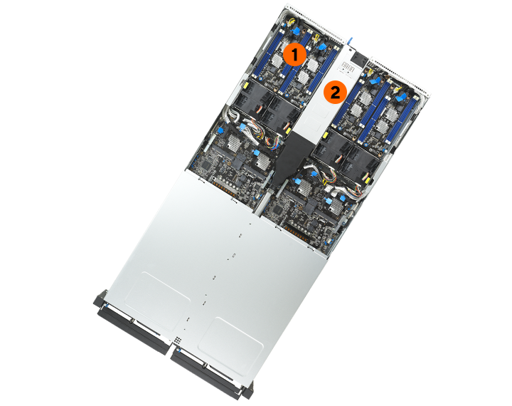 Front internal layout of ASUS RS520QA-E13 showing dual nodes with AMD EPYC 9005 processors, DDR5 DIMMs, PCIe slots, and 2.5'' bays.