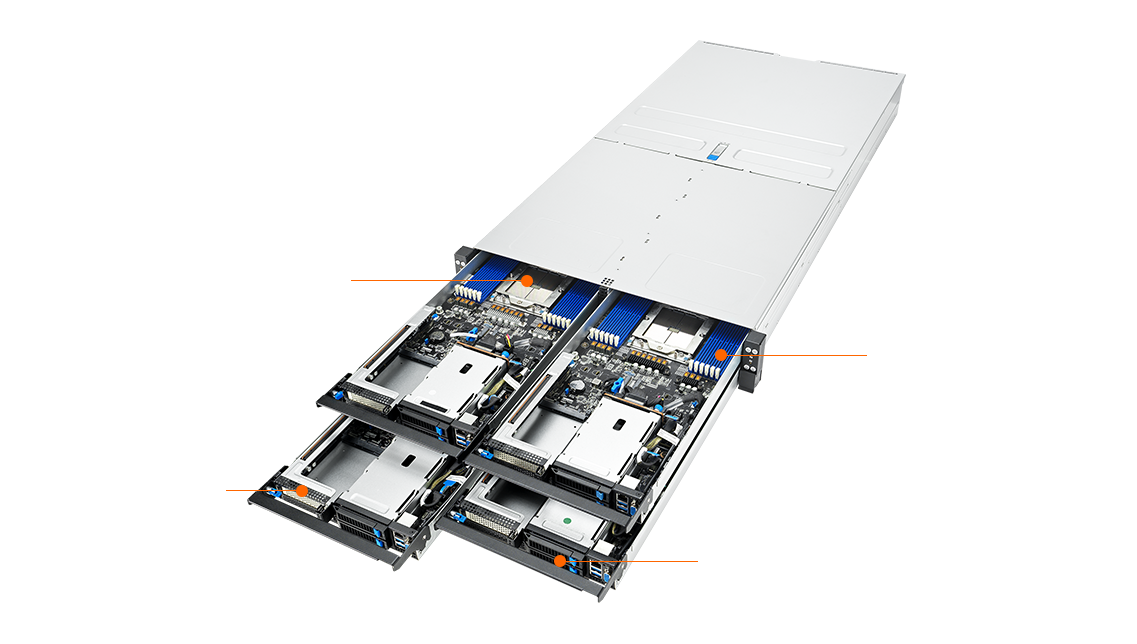 Front internal layout of ASUS RS520QA-E13 showing dual nodes with AMD EPYC 9005 processors, DDR5 DIMMs, PCIe slots, and 2.5'' bays.