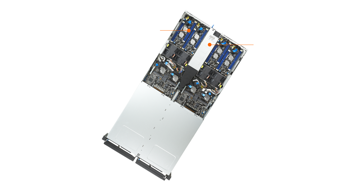 Rear internal view of ASUS RS520QA-E13 highlighting CXL modules, 8 DDR5 DIMMs per node, and dual 3200W 80 PLUS Titanium PSUs.