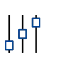 An icon of three vertical sliders, each with a small blue square as a control knob, representing adjustable settings.