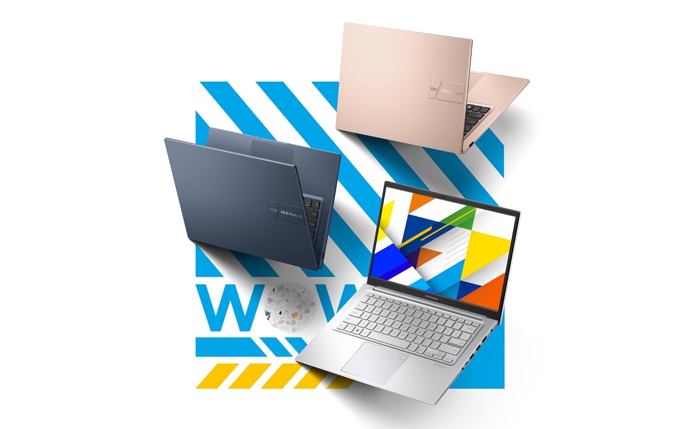 Một chiếc laptop ASUS Vivobook 14 đang mở cho thấy bàn phím và màn hình có màu xanh dương và một chiếc laptop ASUS Vivobook 14 màu Cam đất cho thấy phần nắp. 