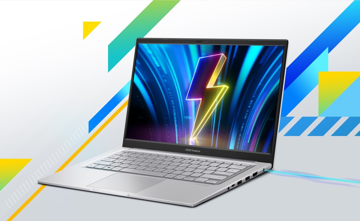 An opened Vivobook 14 with a thunder bolt on its screen. 