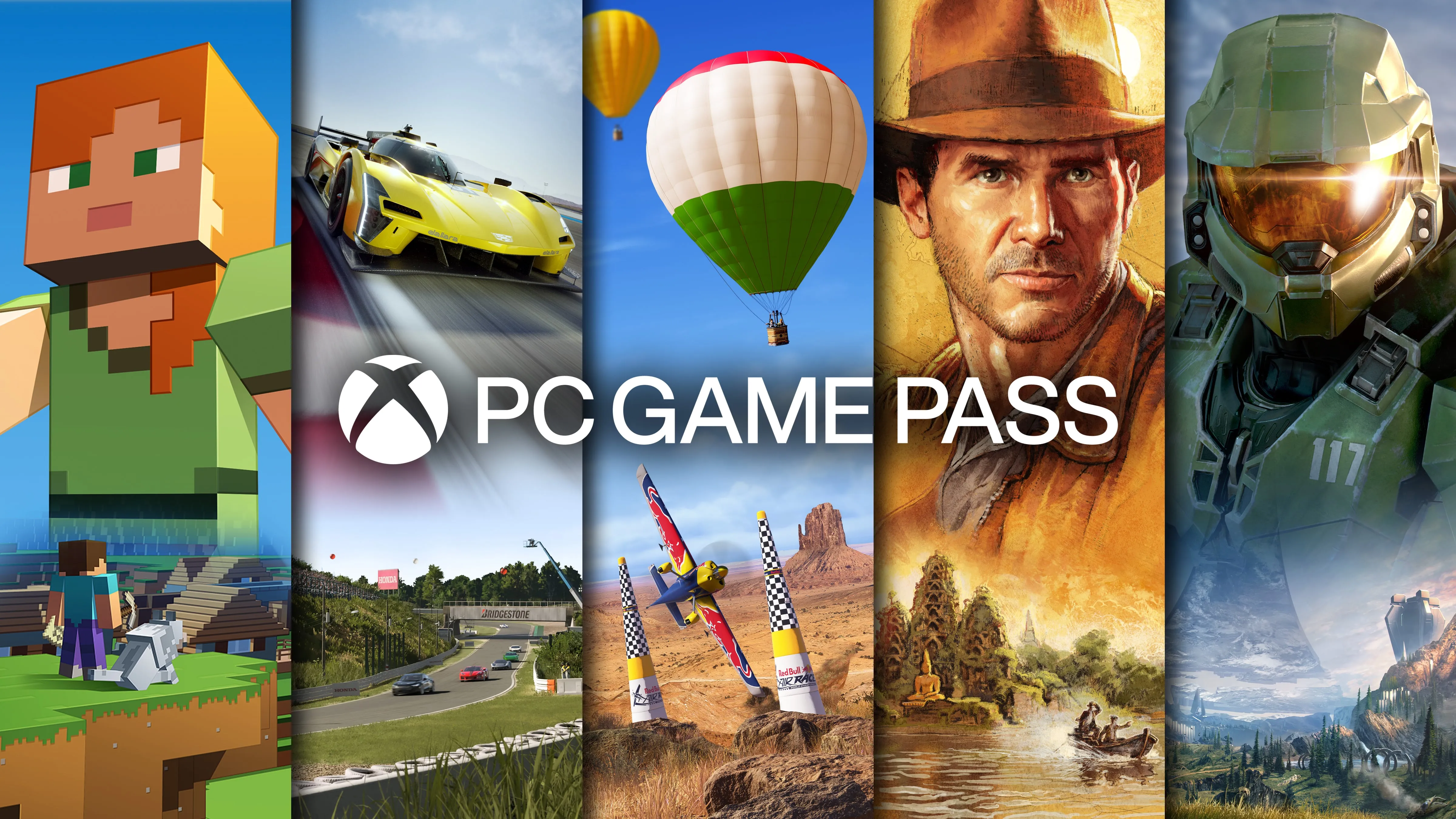 PC Game Pass promotional image, with Minecraft Legends, Forza, Microsoft Flight Simulator, Indiana Jones, and Halo represented among others. Text says “PC GAME PASS”.