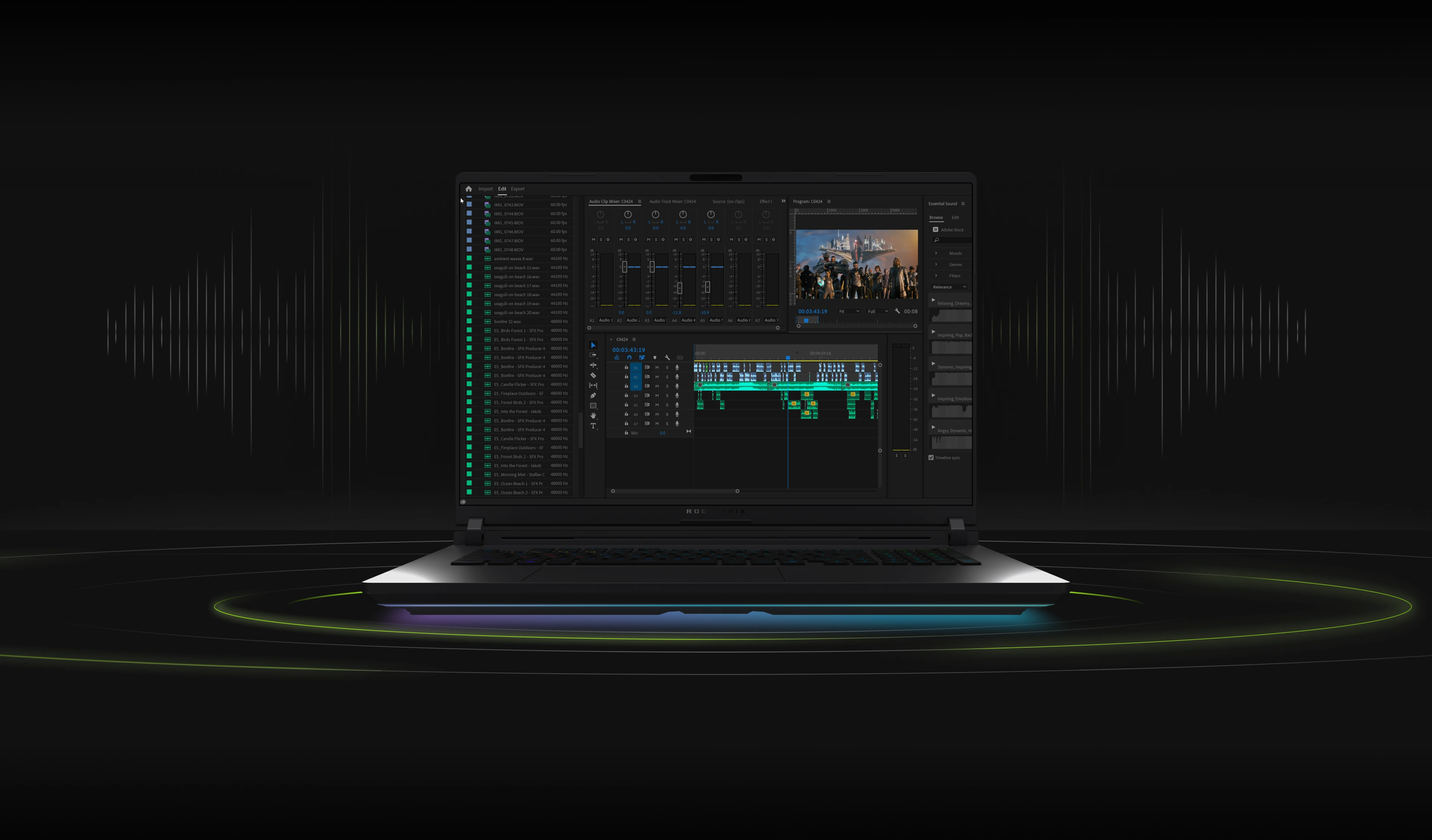 An ROG Strix Laptop with a video editing program showing on-screen.