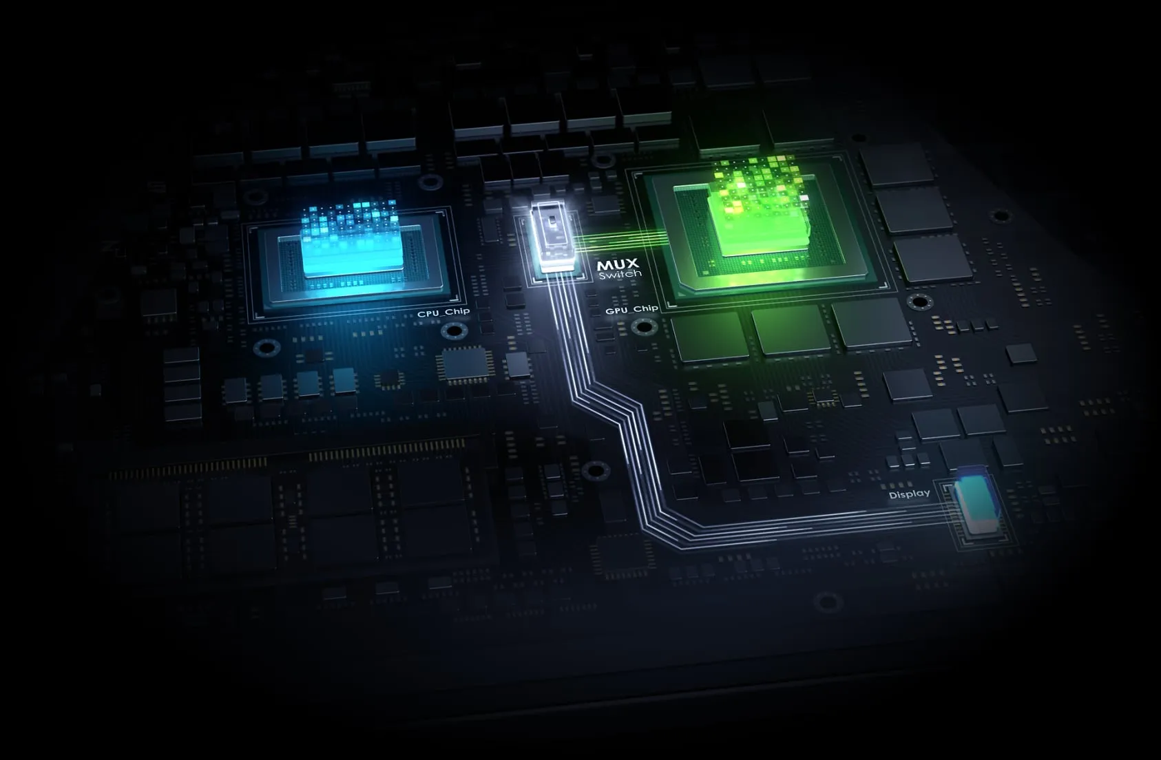 3D rendering of a CPU, GPU, and MUX Switch routing the video signal to the display.