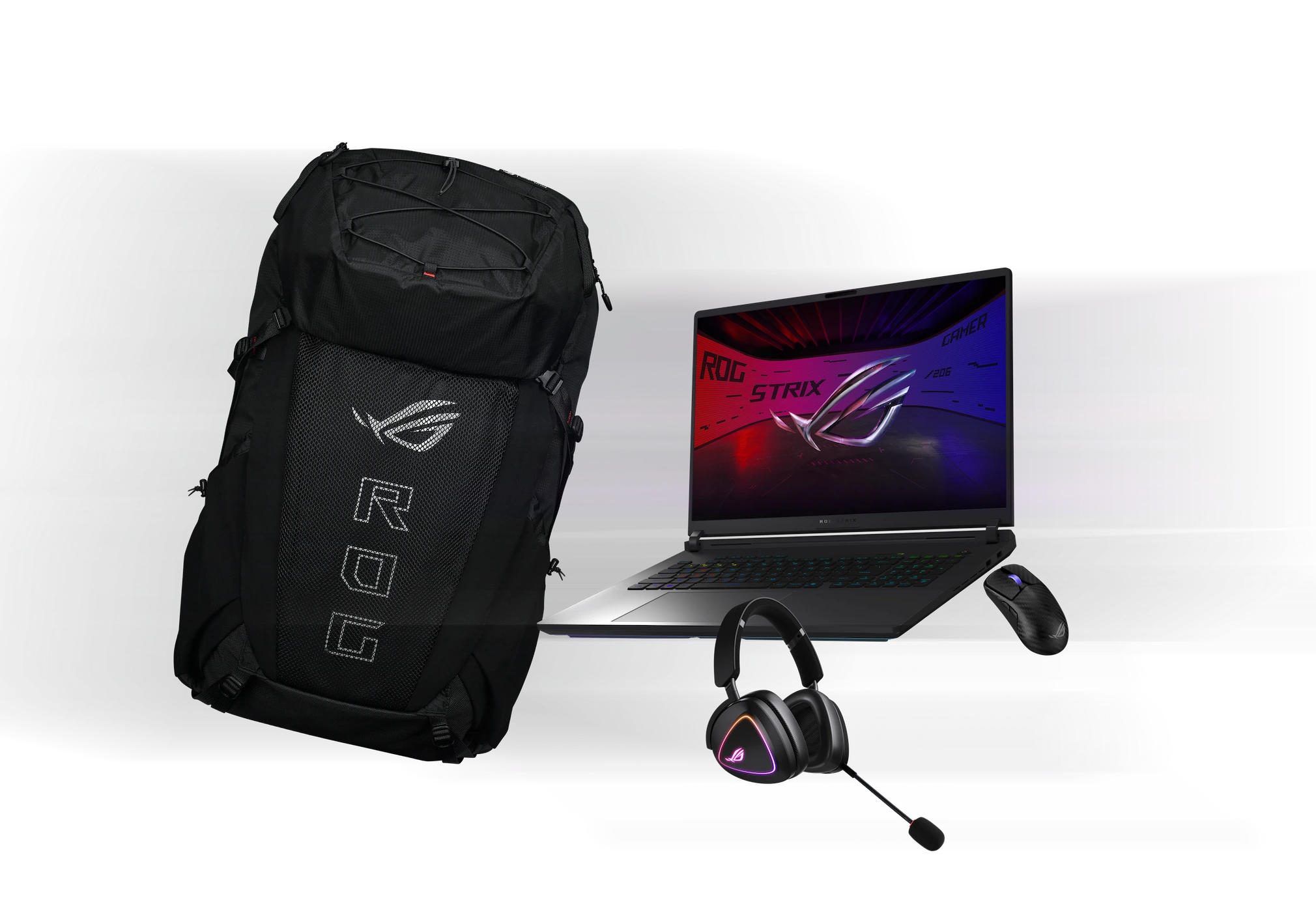 From left to right; an ROG Archer ErgoAir Gaming Backpack, ROG Delta II headset, G18, and ROG Harpe Ace Extreme mouse.