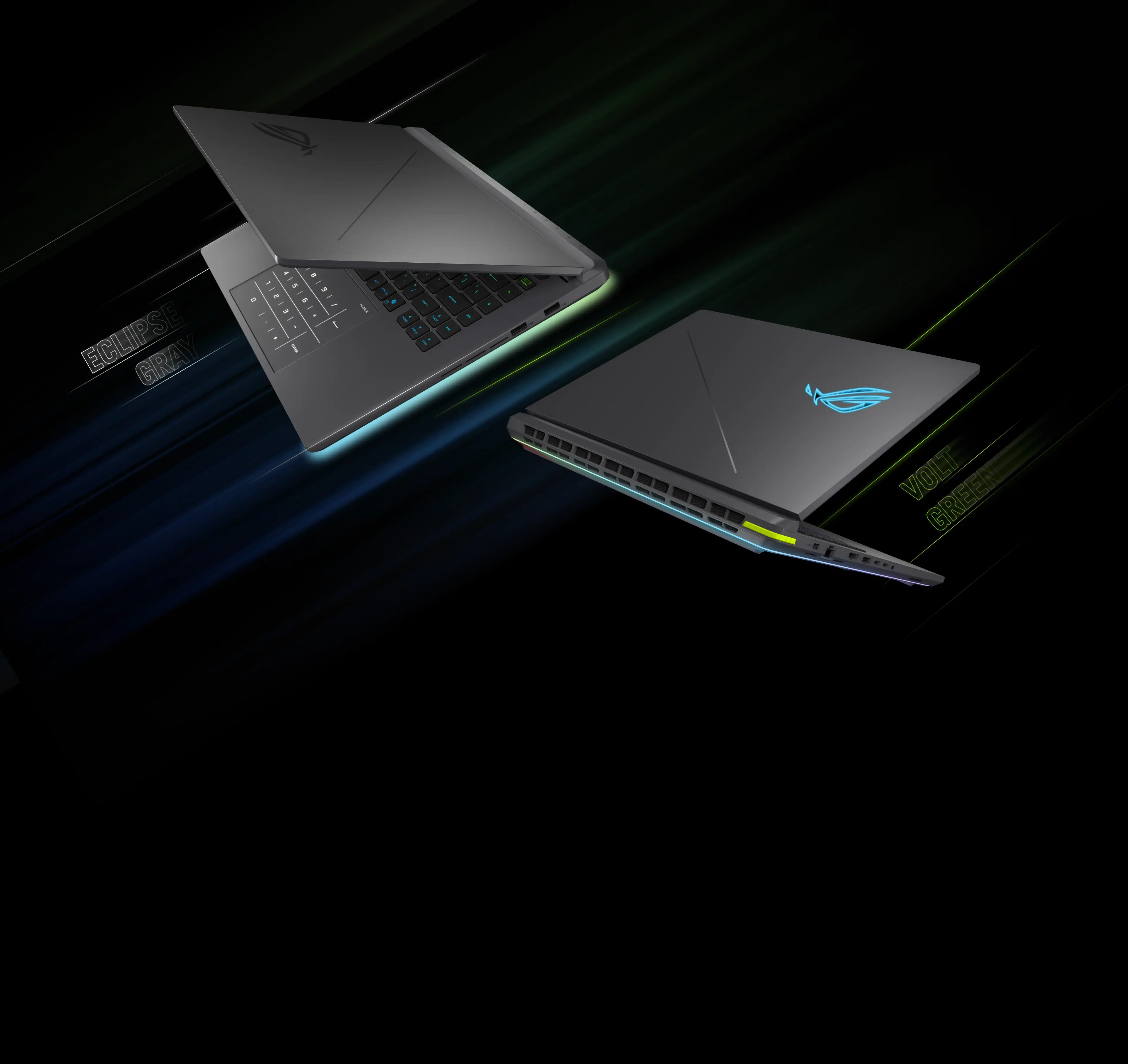 Two ROG Strix laptops floating on a black background with the lids partially opened.