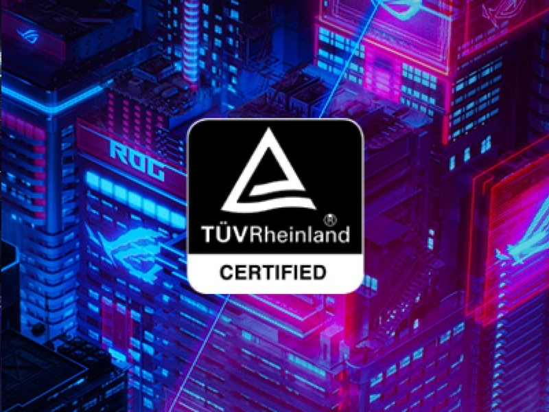 A 3D-rendering of a slightly pixelated cyberpunk inspired skyline, with the buildings in blue and purple tones with ROG logos, and the TUV Rheinland logo overlaid on the image.