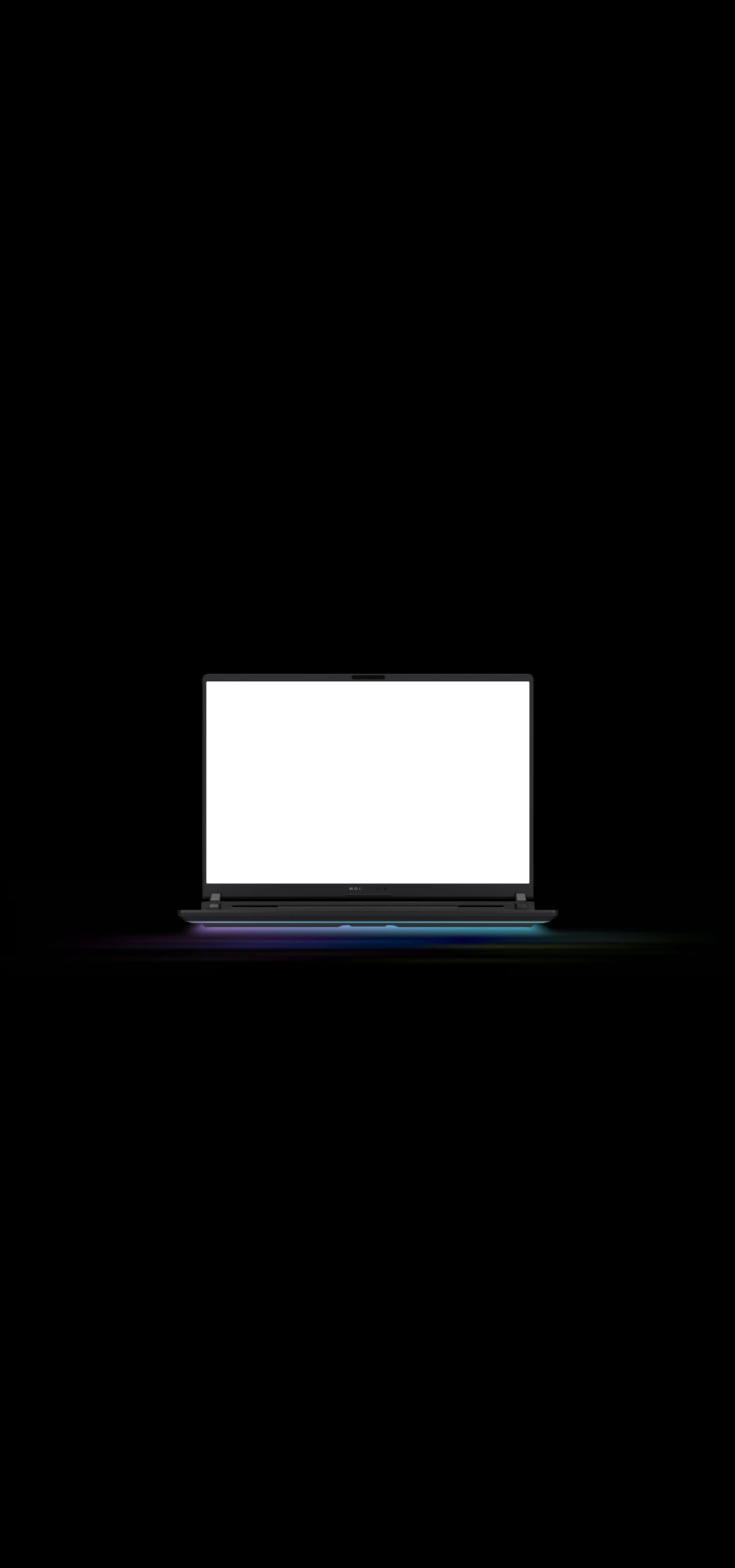 An ROG Strix laptop with a pink abstract image on screen.