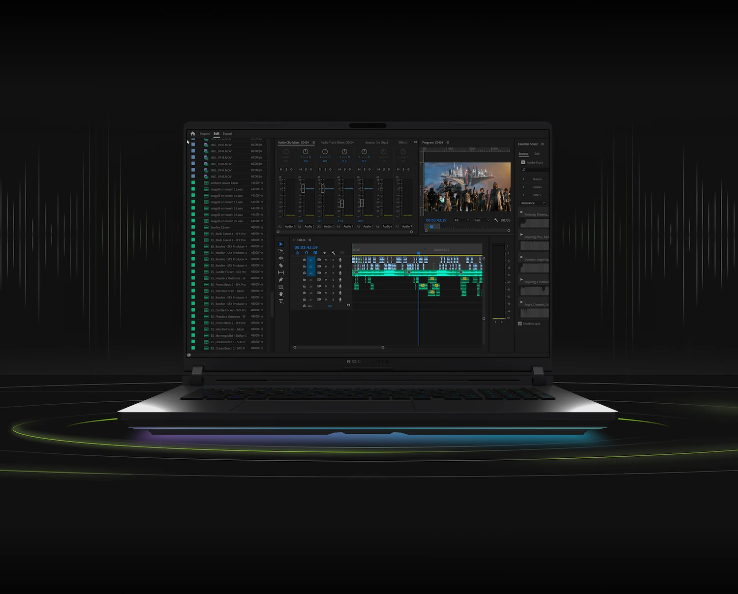 An ROG Strix Laptop with a video editing program showing on-screen.