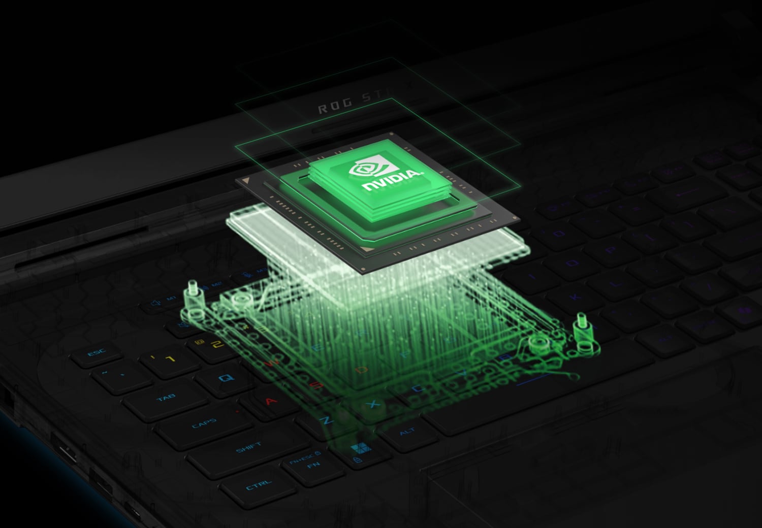 An NVIDIA GPU appearing from underneath a laptop keyboard.