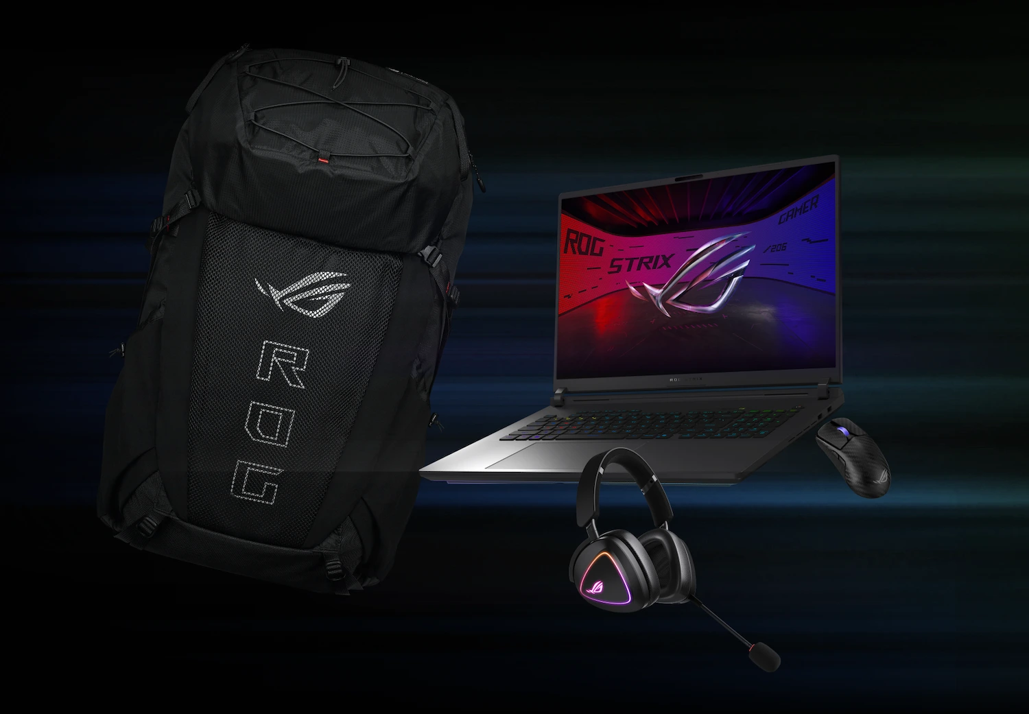 From left to right; an ROG Archer ErgoAir Gaming Backpack, ROG Delta II headset, G18, and ROG Harpe Ace Extreme mouse.