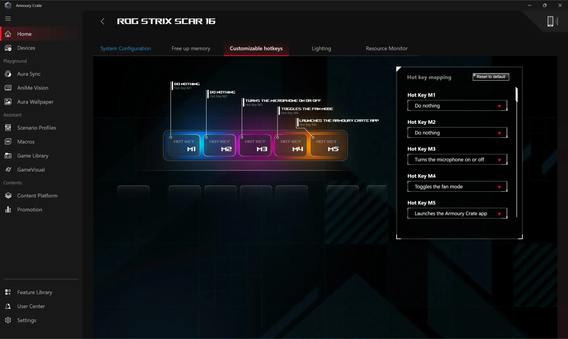 The user interface showing where users can customize the function of hotkeys.