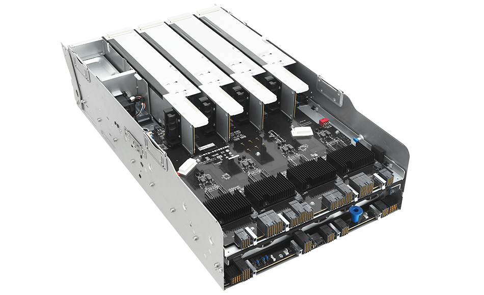Image of a server chassis highlighting the one-GPU-to-one-NIC topology with white GPUs and matching network interface cards, illustrating optimized GPU-to-network mapping.