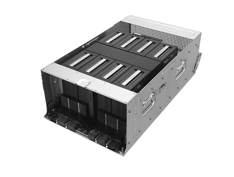 The animation showing optimized thermal design. Top view of a dual-GPU and CPU server module with blue heatsinks, showing the cool air intake zones to improve airflow and cooling efficiency.