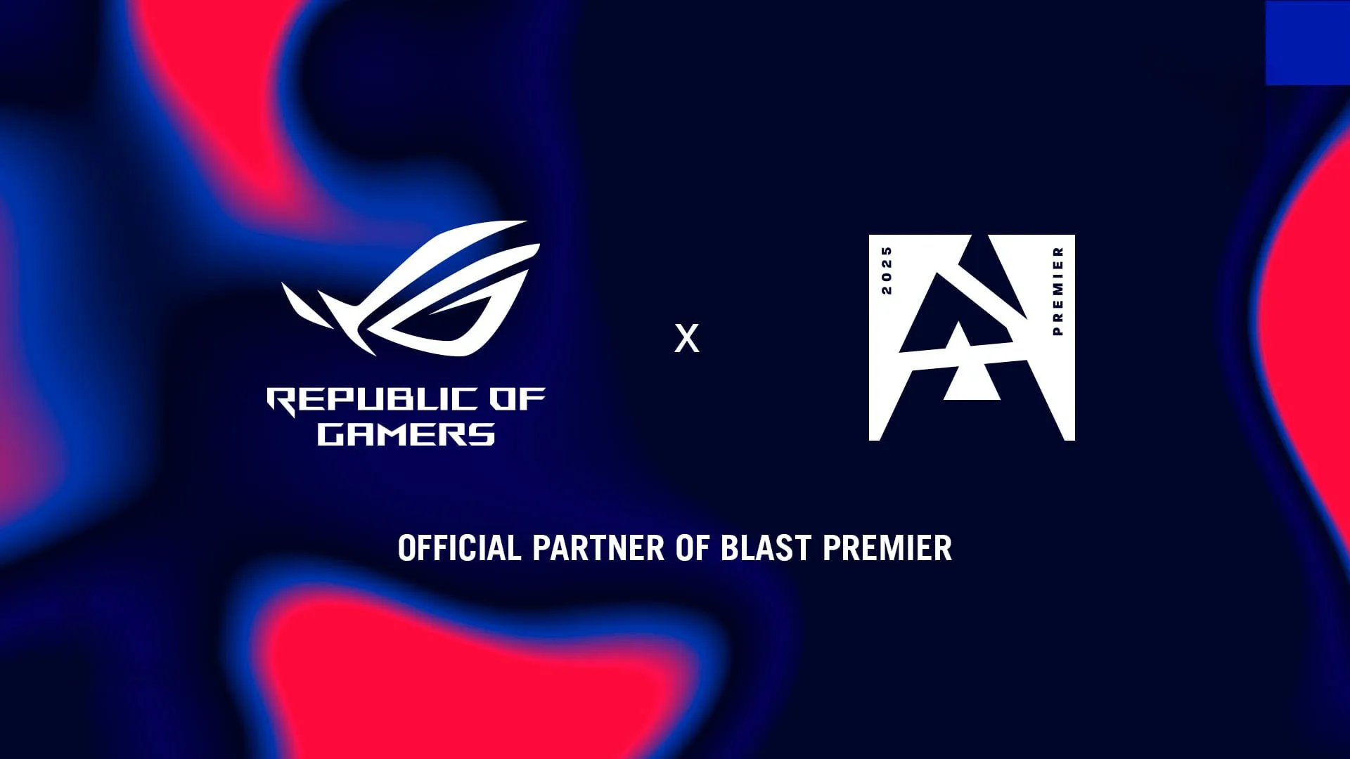 ROG and BLAST Premier logos side by side on a dark blue and red abstract background, with the text “Official Partner of BLAST Premier” below.