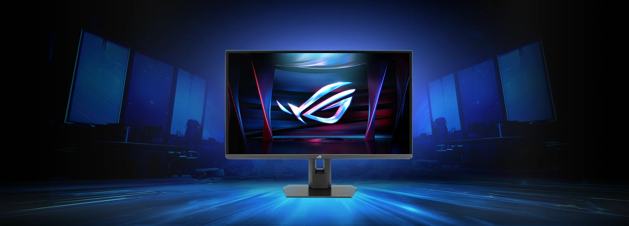 Front view of an ROG Strix XG248QSG Ace monitor with the ROG logo on screen, surrounded by bold text reading 'WORLD’S FASTEST ESPORTS MONITOR' in a dark, competitive gaming arena background.