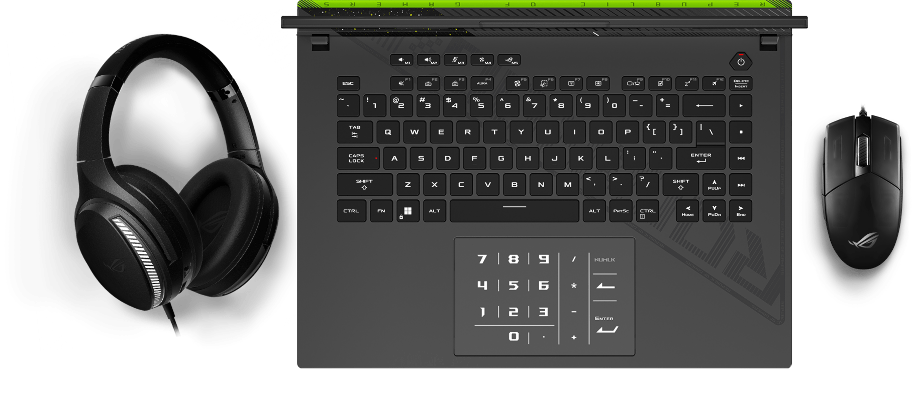 Uma vista do teclado, mostrando os efeitos de iluminação Aura sincronizados com um rato e uns auscultadores.