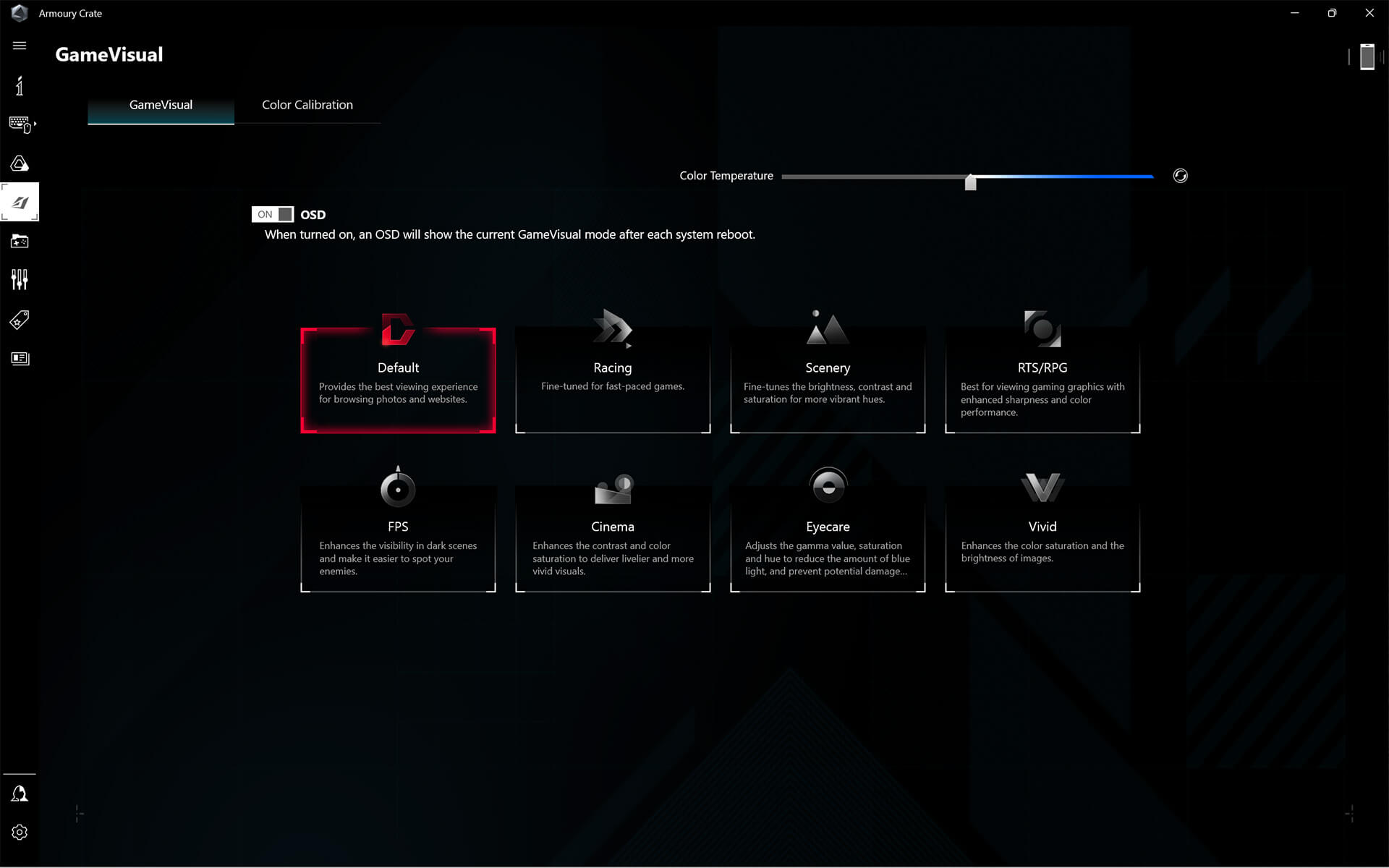 Käyttöliittymä, jossa näkyy GameVisual-värienhallintatyökalu 