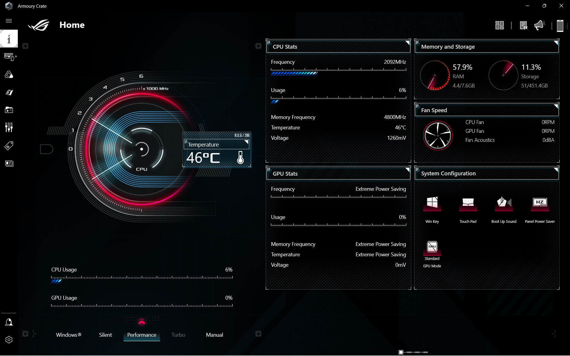 De gebruikersinterface van Armoury Crate-software, met een overzicht van de systeemstatus.