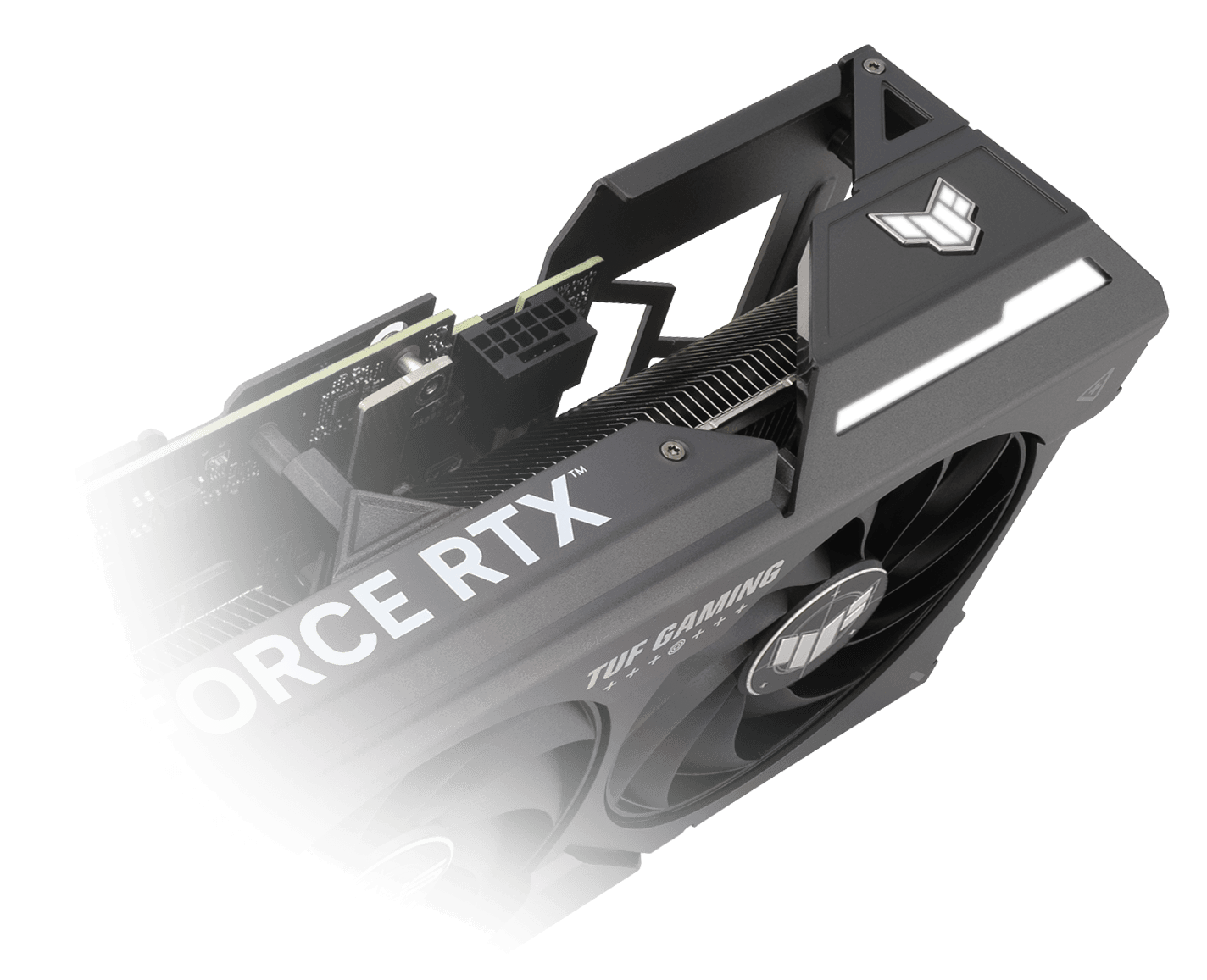 Angled view of the ASUS TUF Gaming GeForce RTX 4070 SUPER graphics card, highlighting the ARGB element